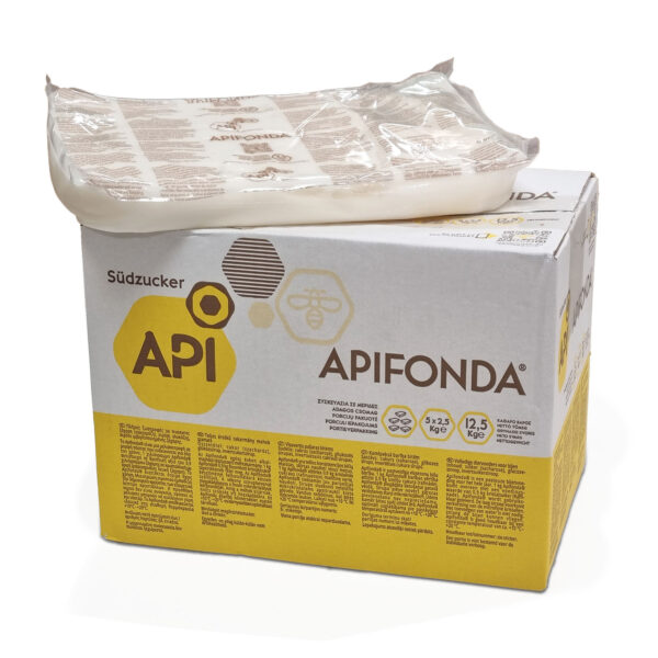 Apifonda-ruokintataikina 2,5 kg tai 12,5 kg pakkauksessa.