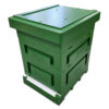 Honey Paw Polystyrene Hive, painted with green polystyrene paint. This assembly has our mesh bottom, 1/1 LS box, 2/3 LS box, 15 liter feeder and wide roof.