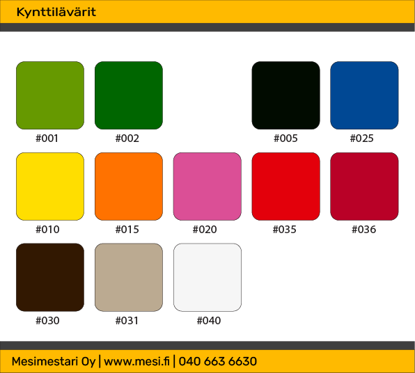 kynttilävärivalikoima, vihreä, sininen, oranssi, keltainen, punainen, musta, ruskea ja valkoinen. Kynttiläväri Bekro beige
